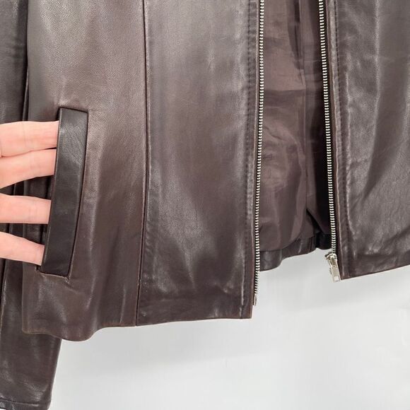 Politix Brown Collared Open Bottom Long Sleeve Zip Up Leather Jacket Size 4 - Picture 5 of 10